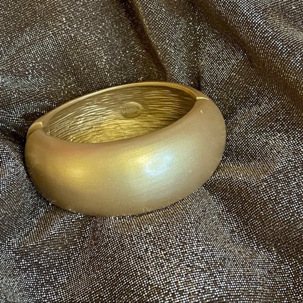 Kenneth Jay Lane satin gold bangle hinged domed